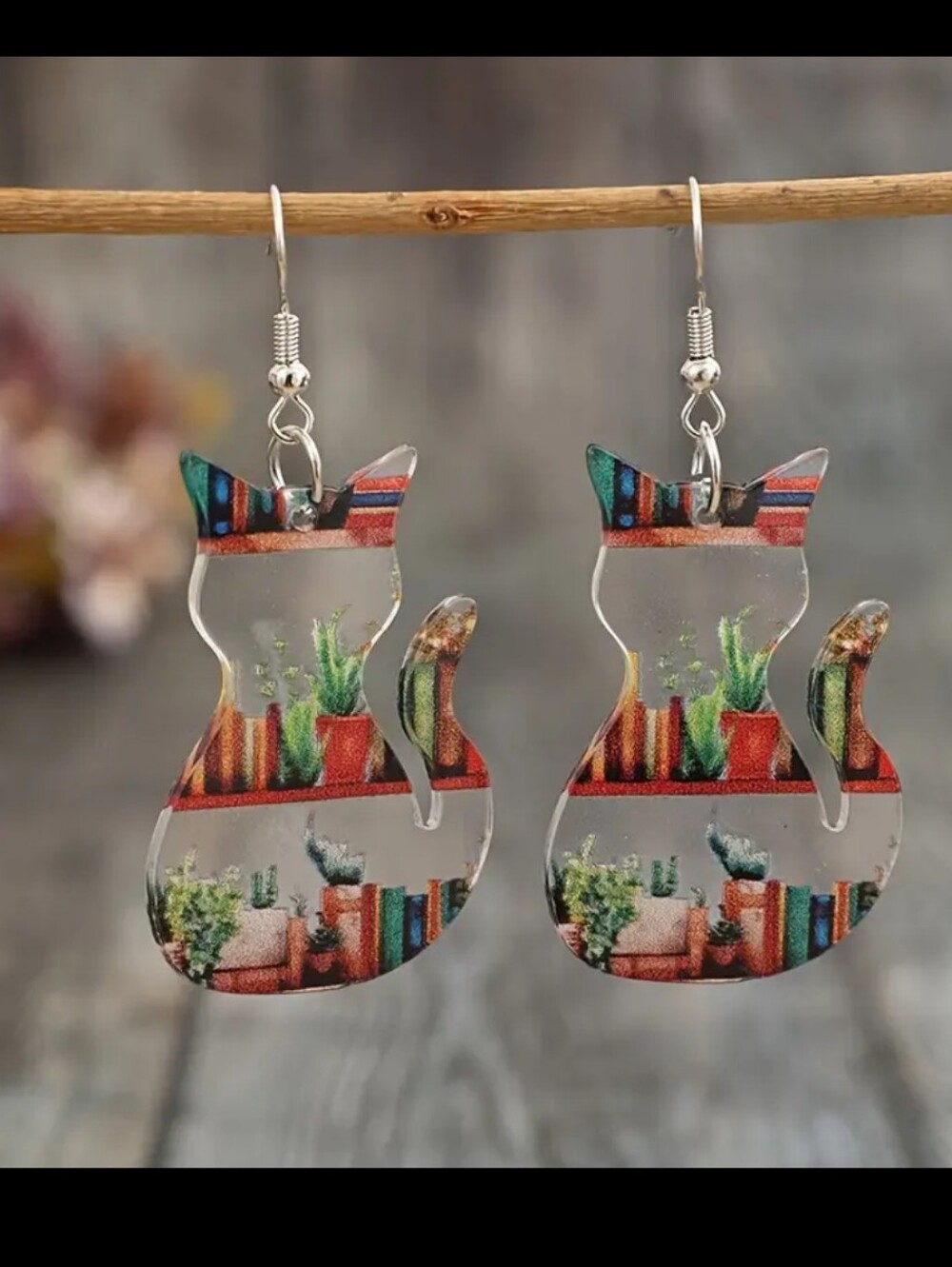 Library Bookshelf Greenery Kitten Pendant Earrings